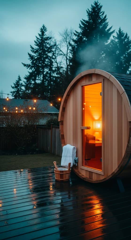 Barrel sauna glowing warmly on a backyard deck at dusk