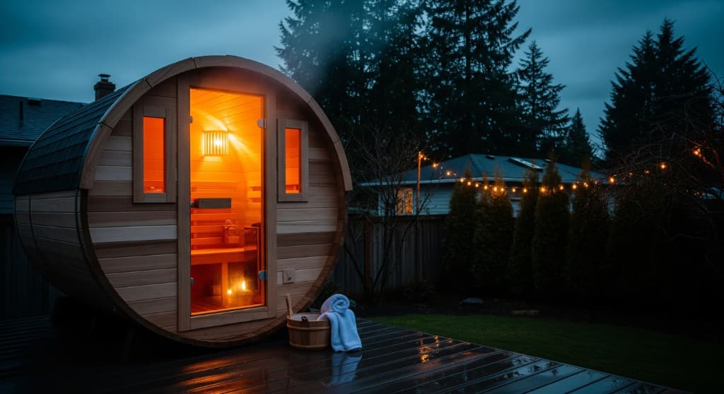 Barrel sauna glowing warmly on a backyard deck at dusk